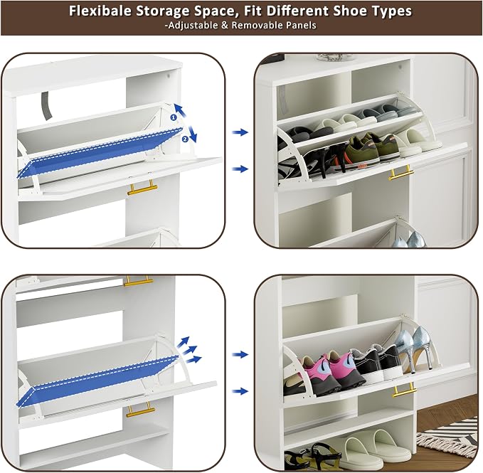 Shoe Cabinet Storage, Hidden Shoe Organizer, Modern Freestanding Organizer with 2 Flip Drawers Louvered Shoe Cabinet for Entryway (White, 2 Drawers) - Image 4