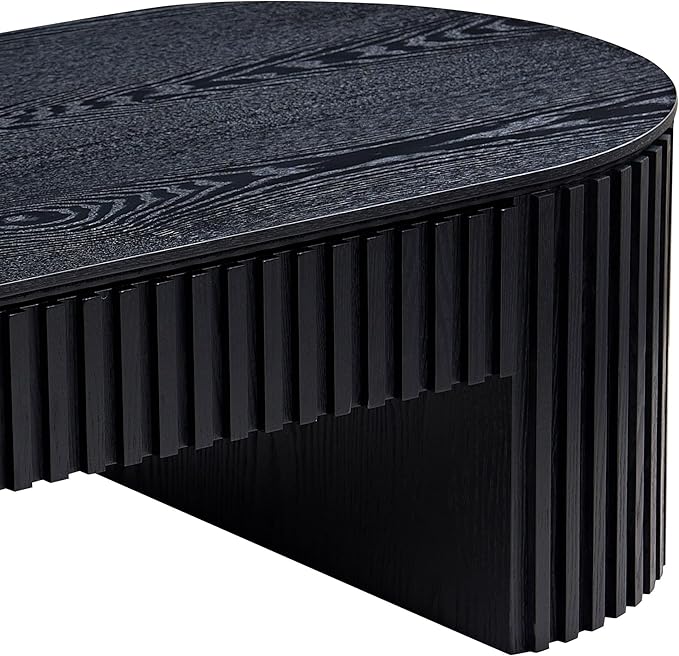 Oval Coffee Table with Storage Pedestal 51.18" Wooden Fluted Coffee Table with Drawer for Living Room Modern Handcrafted Centre Table Easy Assembly Black