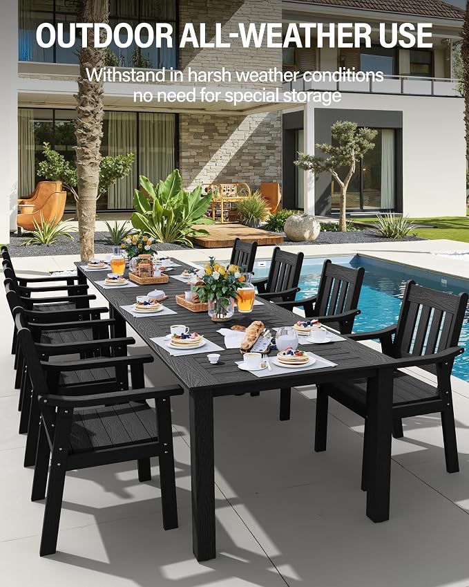 YEFU HIPS Patio Table Set: 10 Piece Outdoor Table and Chairs Dining Furniture Set with Umbrella Hole - Black Modern Plastic Dining Sets 8 Person for Outside Deck with Metal Aluminum Frame - Image 3