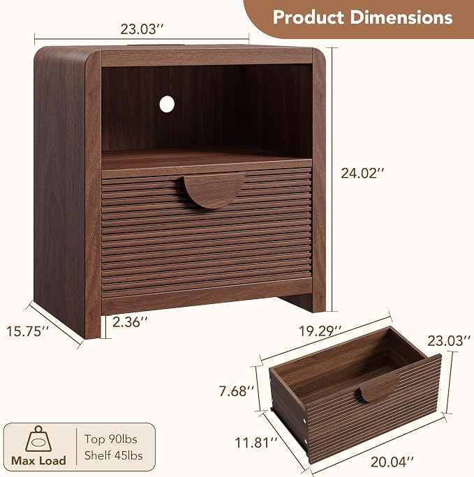 23" Wide Fluted Nightstands Set of 2 with Charging Station, Wood Bedside Tables with Drawer and Open Compartment, Mid Century End Tables for Bedroom, Home Office, Walnut - Image 2