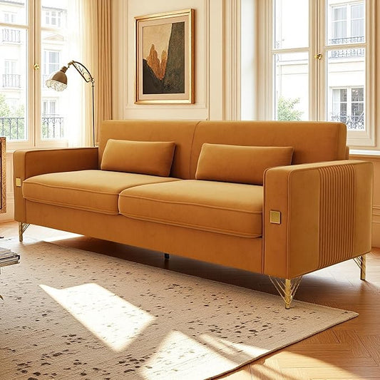 KEIKI 86" Oversized Luxury Velvet Sofa with Armrest and Removable Plush Cushions, Modern Style Gold Accents 3-Seater Couch with Solid Legs, Easy Assembly, for Living Room, Bedroom, Apartment, Orange
