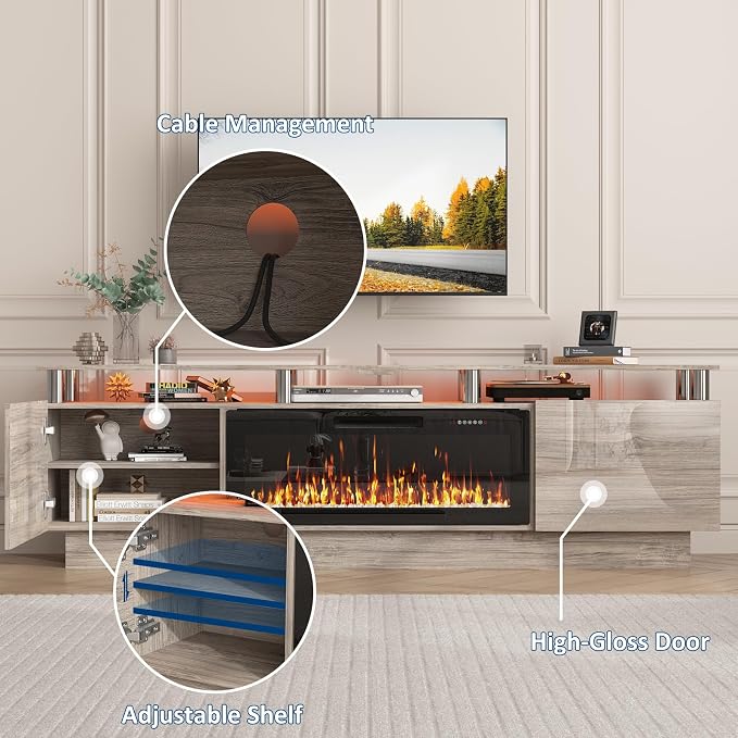 PUKAMI 80" Fireplace TV Stand with 36" Electric Fireplace, LED Light Entertainment Center with Storage, 2 Tier Modern Wood Media TV Console with Highlight Cabinet for Living Room, Grey - Image 3