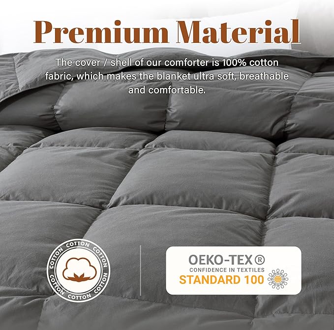 Cosybay Feather and Down Comforter Insert California King Size, 100% Cotton Cover, All Season Grey Down Feather Duvet Insert, Fluffy Soft Hotel Luxury Bedding for Bedroom, Cal King 104 x 96 Inch