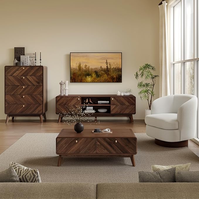 LuxenHome Coffee Table with Storage, 47" Mid Century Modern Coffee Table, Live Edge Coffee Tables for Living Room, Wooden Center Table with Ample Storage Space