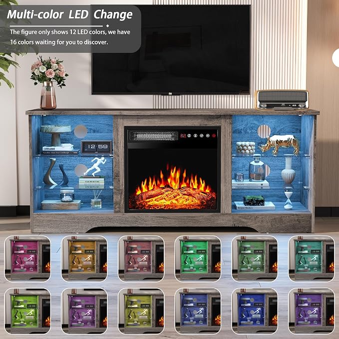 PRETZI Fireplace TV Stand with 18" Fireplace Up to 65" TVs, 58" Entertainment Center with LED Lights, TV Media Console with Adjustable Glass Shelves and Storage Cabinets for Living Room, Grey - Image 3