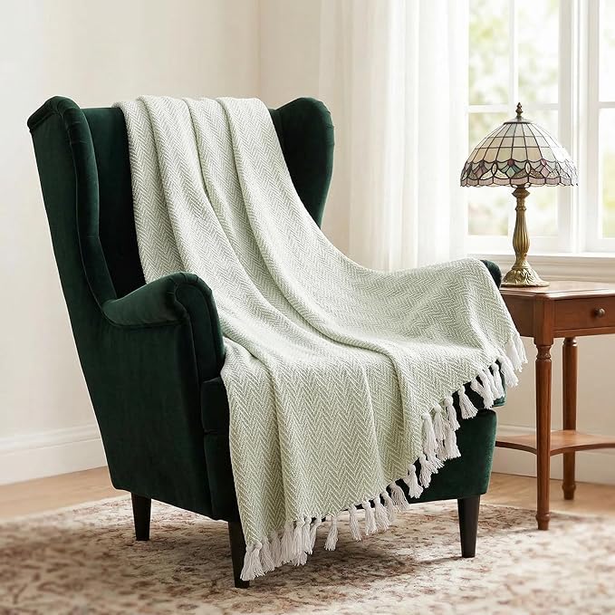 Americanflat 50x60 Throw Blanket - Soft and Breathable Cotton Throw Blanket for Couch, Bed, Chair - Decorative Blankets Perfect for Home or Outdoor Use - Light Green and White Herringbone Design