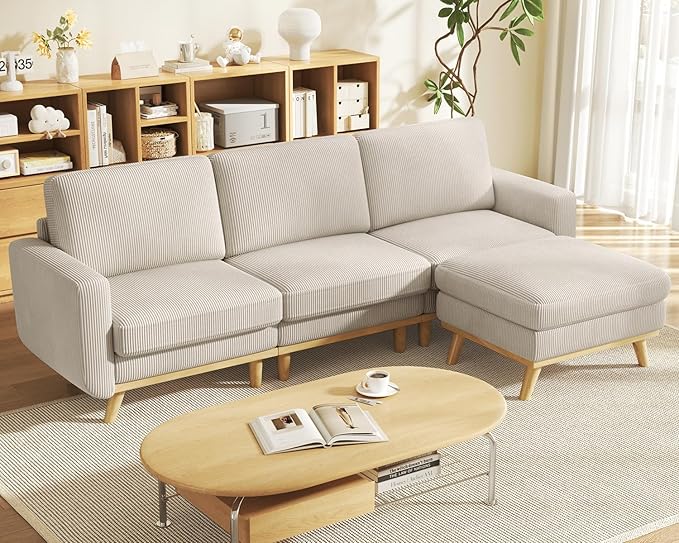 97" Light Gray Corduroy Modular Sectional Sofa, L-Shaped Couch with Movable Ottoman & Spring Cushion, Deep Seat Modular Sofa for Living Room Bedroom Apartment