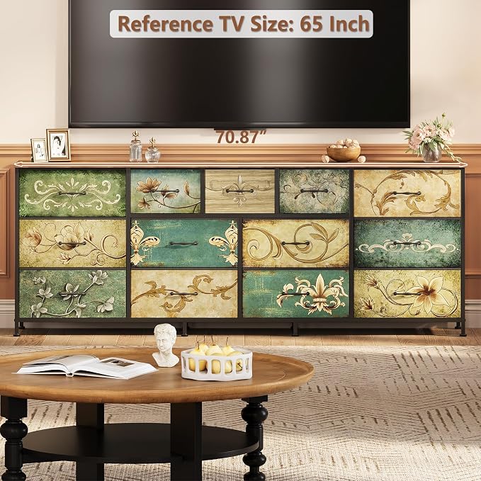 Tohomeor Dresser for Bedroom Chest of Drawers Fabric Dresser for Closet, Nursery Entryway Hall Tree TV Stand for Living Room Retro Floral Pattern Wooden Top (13 Drawers) - Image 4