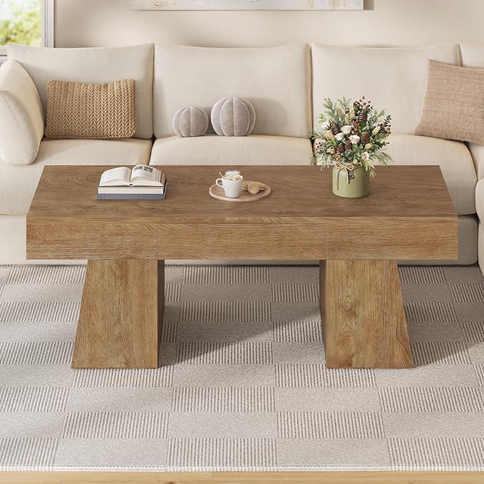 47 Inches Coffee Table with Storage, Wood Mid Century Modern Center Table with Hidden Drawer & Cabinet, Rectangle Coffee Tables for Living Room, Rustic Low Cocktail Tea Furniture Oak