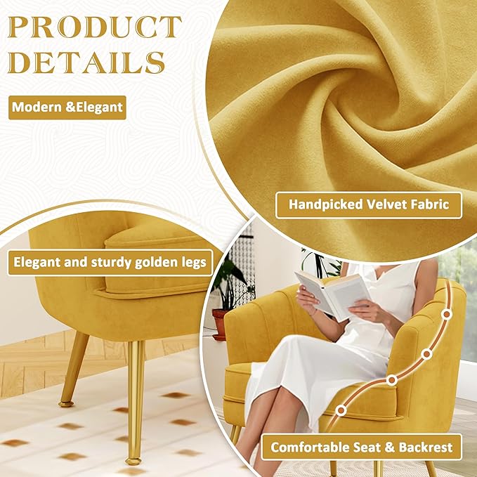Andeworld Velvet Accent Chair Set of 2, Upholstered Modern Single Sofa Side Chair,Comfy Barrel Club Living Room Armchair with Golden Metal Legs for Bedroom Living Reading Room Office, Yellow