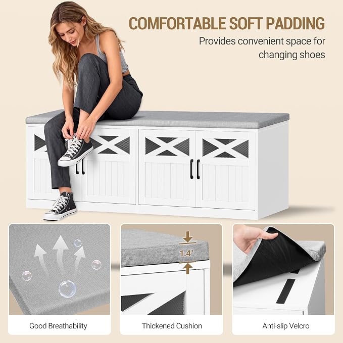 Hzuaneri 2 Tier Shoe Storage Bench with Doors, 47.2" Farmhouse Shoe Bench with Padded Cushion, 12 Pairs of Bed End Bench, Entryway Bench with Storage for Bedroom, Living Room, White SB61203X - Image 4