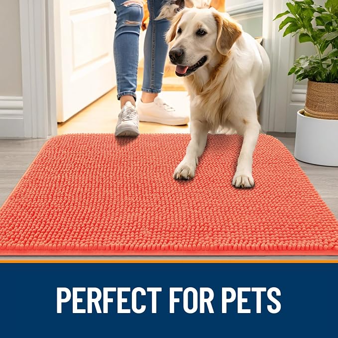 OLANLY Dog Door Mat for Muddy Paws 47x20, Absorbs Moisture and Dirt, Absorbent Non-Slip Washable Doormat, Quick Dry Chenille Mud Mat for Dogs, Entry Indoor Entryway Carpet for Inside Floor, Coral - Image 6
