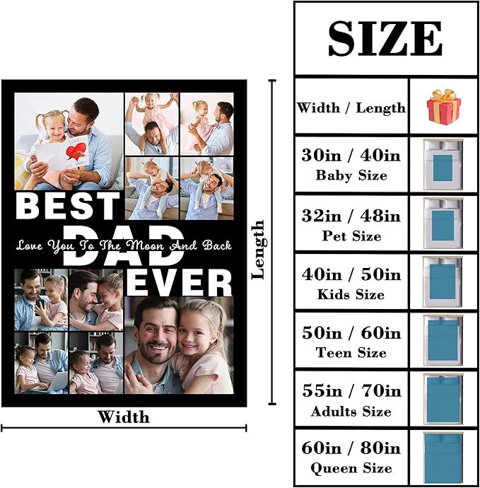 Personalized Fathers Day Blanket Gifts for Husband Dad From Daughter Son Wife, Best Dad Ever Custom Photos Blanket, Father's Day Christmas Birthday Unique Gift for Daddy, Grandpa, Husband, Men