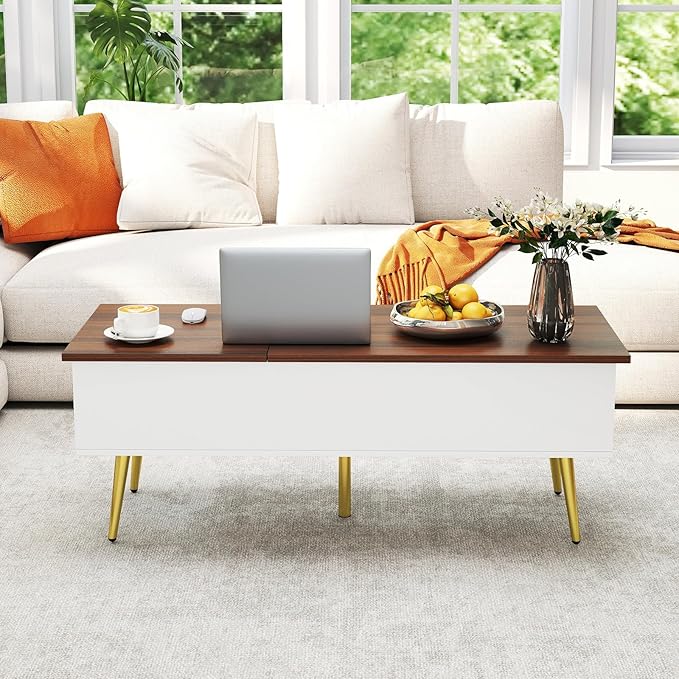 Tangkula Lift Top Coffee Table, Mid Century Modern Center Table with Split Top & 2 Hidden Compartments, Rectangle Accent Table with Tapered Metal Legs for Living Room (Walnut+White+Gold)