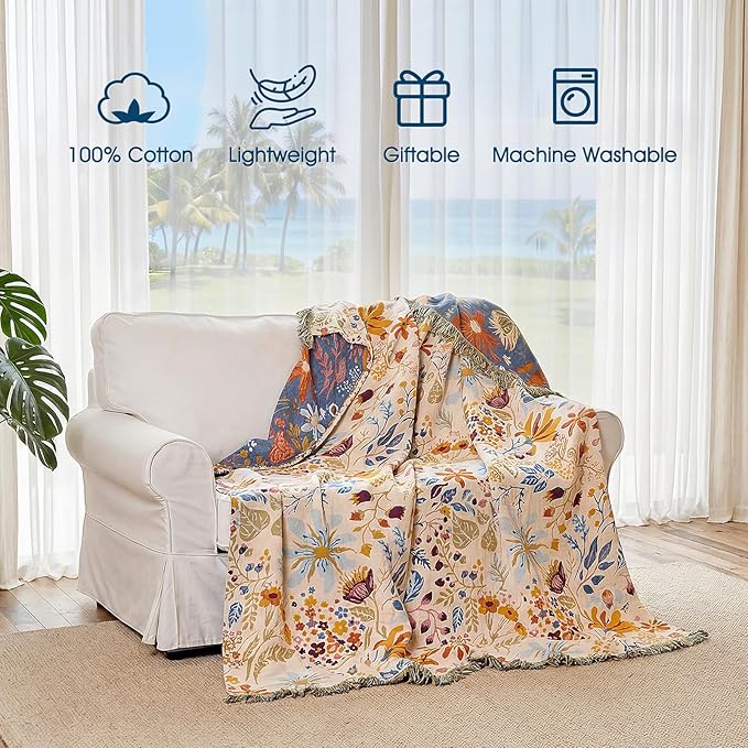 Boho Throw Blanket - 100% Cotton Throw Blankets for Bed Couch, 50"x60" Soft Muslin Lightweight Spring Throw Blanket, Cozy Floral Butterfly Printed Bohemain Bedding Decor Beige Throw Quilt