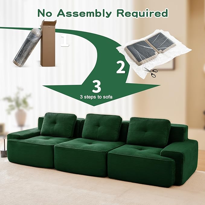 Casaphoria 115'' Green Corduroy Sofa, Boneless Sectional Couch with 3 Pillows for Modern Living Room, Deep Seat Sofa No Assembly Modular Cloud Couch