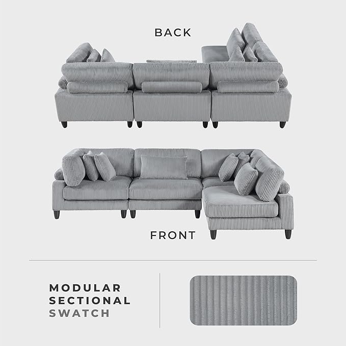 Lexicon 120 Inch Modular Sectional Sofa - Oversized 4 Seater Corduroy L Shaped Sectional Couch, 6 Accent Pillows, and Flexible Arrangement for Modern Living Rooms, Gray