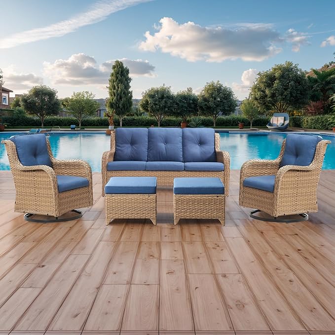Rilyson Patio Furniture Swivel Chairs Set - 5 Piece Wicker Rattan Outdoor Sectional Conversation Sets with 2 Rocking Swivel Chairs,2 Ottomans and 1 Sofa for Porch Deck Garden(Yellow/Blue)
