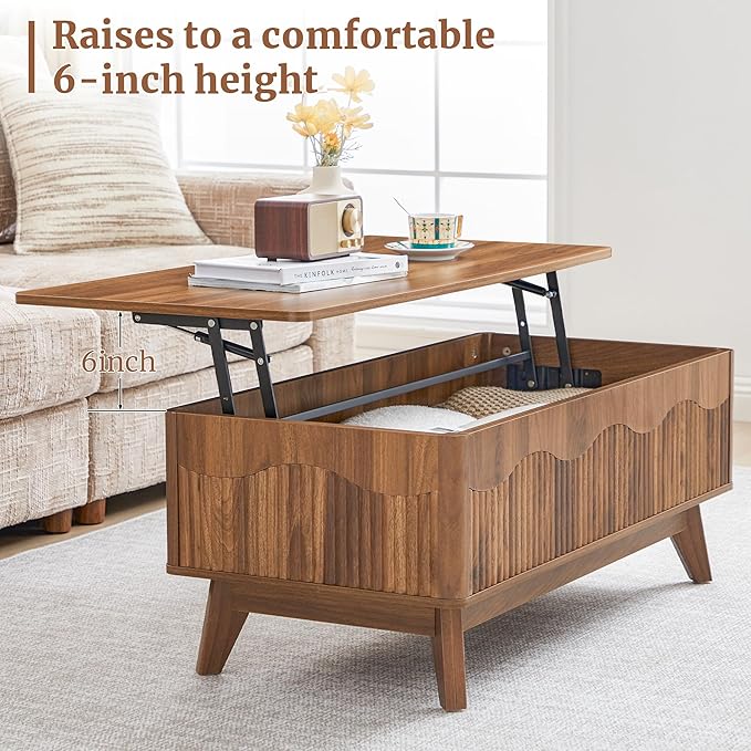 BERRYMERRY Lift Top Coffee Table with Hidden Storage, Farmhouse Fluted Coffee Table with Wave Profile, Rising Top Rectangular Center Table for Living Room (Walnut)
