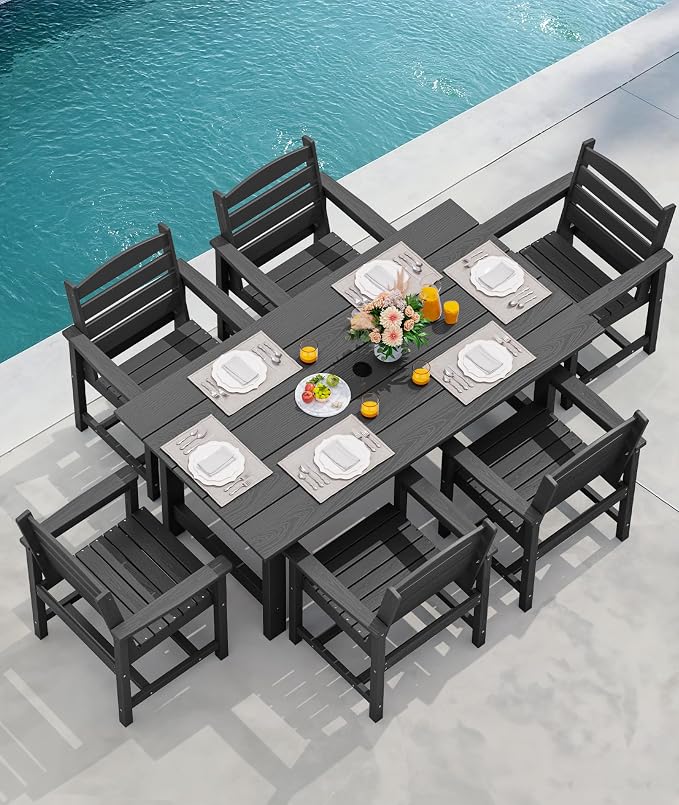 SERWALL Patio Dining Table and Bench Set for 6, Black - Image 8