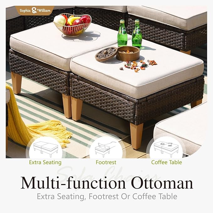 Sophia & William Patio Furniture Set with Swivel Chairs, 9 Piece Outdoor Sectional Furniture Wicker Modular Sofa Couch, Conversation Set for Deck Backyard Lawn, Beige