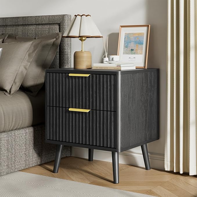 LYNSOM Fluted Dresser and Nightstand Sets 4 Piece, 2-Drawer Nightstands and 5/7 Drawers Dresser, Wood Bedroom Furniture Set for Home, Bedroom, Hallway, Black