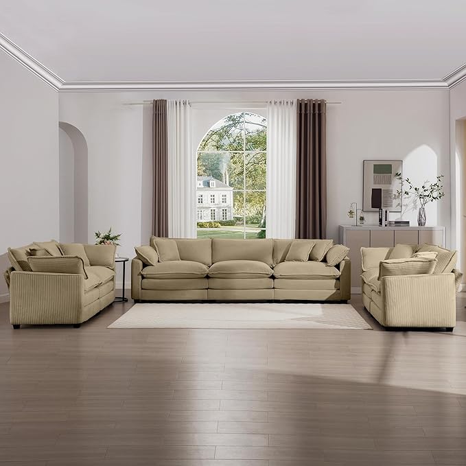 KEIKI 3-Piece Sofa Set with 1 Oversized Corduroy 3-Seater Sofa & 2 Loveseat Sofa, Upholstered 7-Seater Couch Set with 13 Pillow, High-Density Foam Cushions, Removable Armrests, for Living Room, Tan
