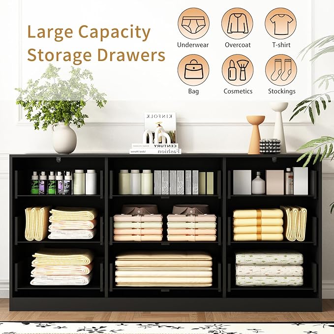 9 Drawer Dresser and Nightstand Sets for Bedroom, 3 Pcs Bedroom Set，Night Stand Set of 2 & 9 Drawer Dresser with Gold Handles, Modern Wood Chest of Drawers Storage Cabinet Set, Black