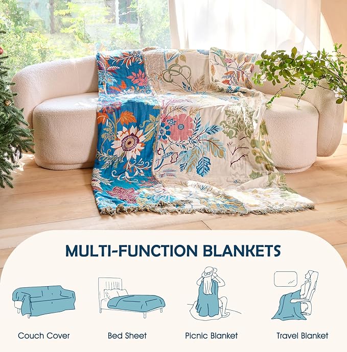 Boho Throw Blanket - 100% Cotton Throw Blankets for Bed Couch, 60"x80" Soft Muslin Lightweight Spring Throw Blanket, Cozy Floral Plant Printed Bohemain Bedding Decor Green Throw Quilt