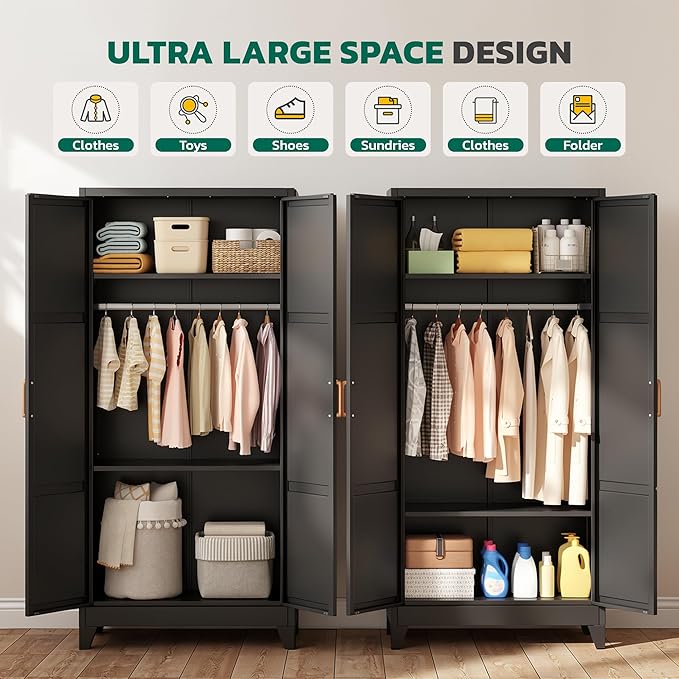 Greenvelly Metal Wardrobe Cabinet, 19" D x 34" W x 71" H Metal Wardrobe Closet with Hanging Rods and Adjustable Shelves,Clothing Storage Closet Cabinet for Bedroom, Cloak Room, Laundry Room (Black)