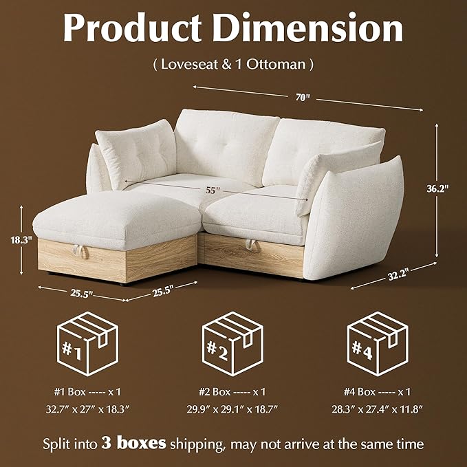 70" L Shaped Sofa Modular Sectional Cloud Couch with Storage, Cotton and Linen Fabrics Modern Oversized Deep Seat Sofa with Armrest Pillow, Easy Assembly for Living Room, Apartment, Ivory