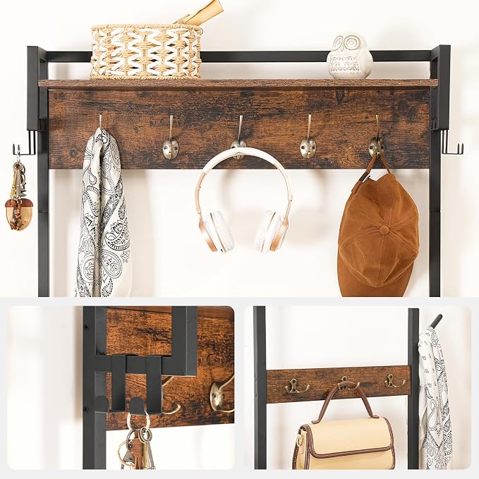 HOOBRO Hall Tree with Bench, Entryway Bench with Coat Rack, Shoe and Coat Rack for Entryway, Coat Rack with Shoe Storage and Reversible Storage Shelves, Rustic Brown BF105MT01 - Image 8