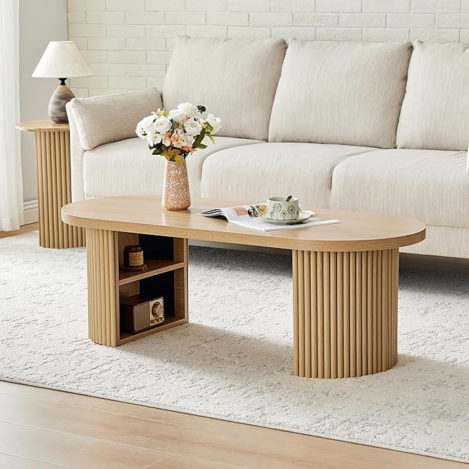 Oval Fluted Coffee Table, 47" Farmhouse Wood Coffee Table Mid Century Modern Center Table Boho Living Room Tables for Living Room Office,Natural