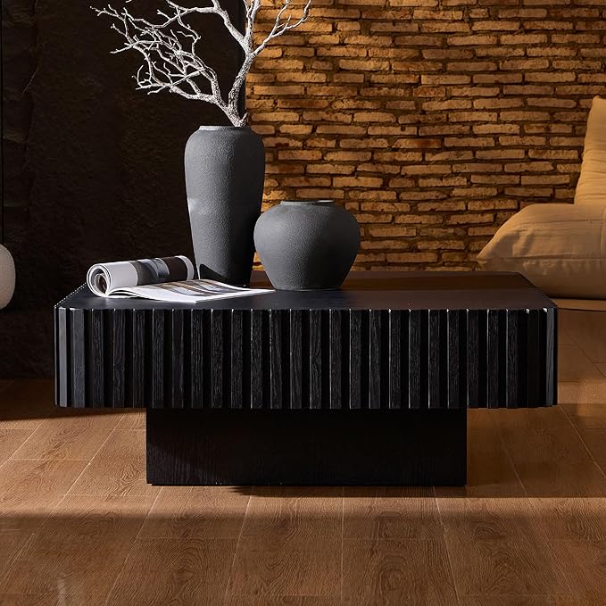 WILLIAMSPACE 35.43" Square Coffee Table with Sturdy Base, Modern Luxury Wood Drum Center Table Accent End Side Table for Living Room, Minimalist Fluted Design, Black