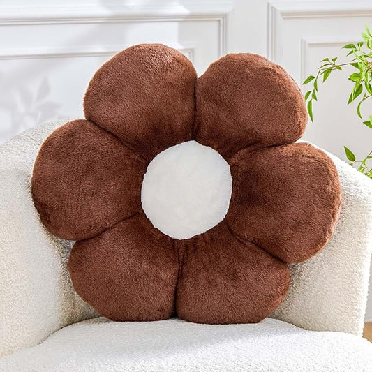 Kcvvcr Brown Flower Pillow Cute Decorative Flower Throw Pillow with Faux Rabbit Fur 17.7" Soft Daisy Plush Floor Cushion Aesthetic Room Decor for Bed Sofa Couch