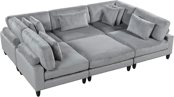 Lexicon 120 Inch Modular Sectional Sofa - Oversized 6 Seater Corduroy L Shaped Sectional Couch with Ottoman, 7 Accent Pillows, and Flexible Arrangement for Modern Living Rooms, Gray