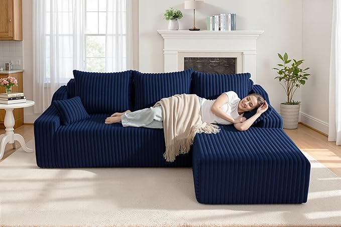 Homguava 94'' Cloud Sectional Couch, Modular L-Shape Couch with Chaise, Boneless Sofa with Deep Seat for Living Room Bedroom,No Assembly Required(Blue,Right Facing Chaise)