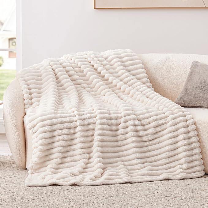 EXQ Home Fleece Blanket Twin Size for Couch or Bed - 3D Stripe Jacquard Decorative Blankets - Cozy Soft Lightweight Fuzzy Flannel Blanket Suitable for All Seasons(60"??80",Beige)
