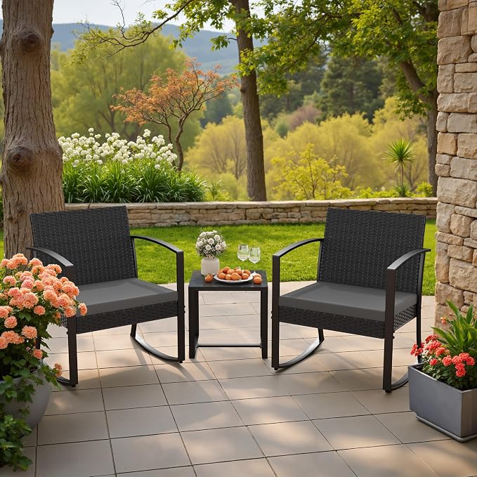 Homall Patio Furniture Set 3 Piece Resin Outdoor Bistro Set Rocking Patio Chairs with Cushions and Table for Porch, Poolside, Balcony and Yard (Grey) - Image 7
