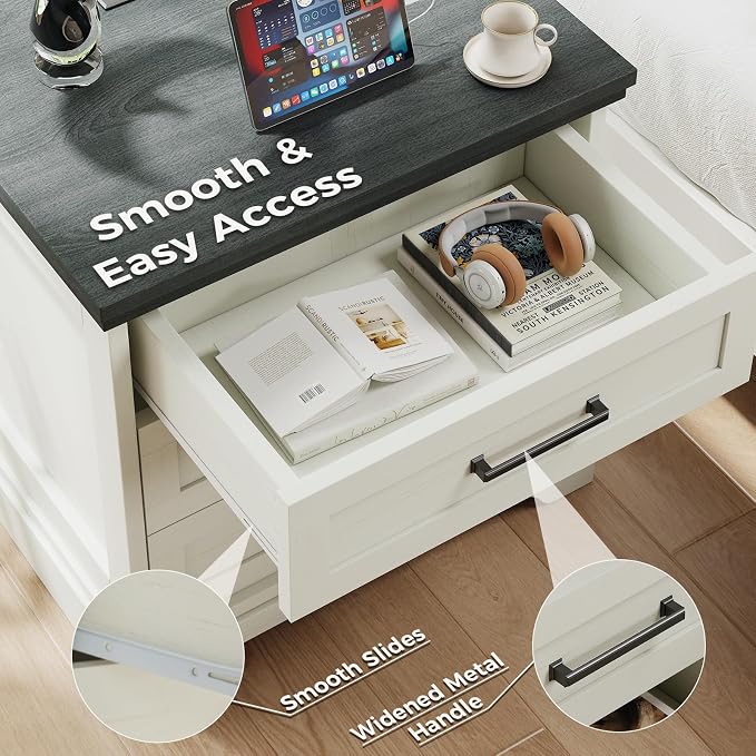 DUMOS Nightstand with Charging Station, Woode Farmhouse Bedside Table with 3 Drawers, Wood End Table, Modern Side Table for Bedroom, White - Image 7