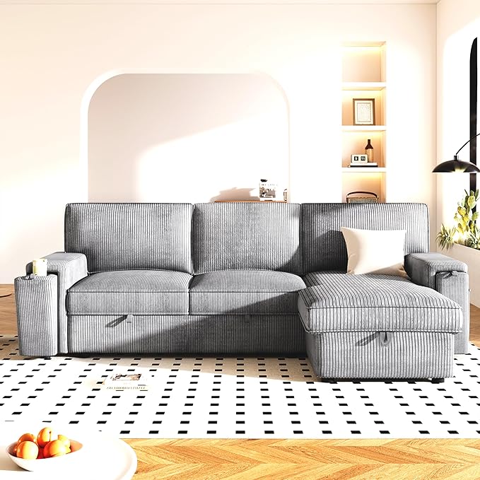 Modern Reversible Sleeper Sectional Sofa W/Pull Out Couch Bed and Large Capacity Storage Chaise, L-Shaped Corduroy Upholstered Sofa&Couch Convertible Sofabed with Hidden Cupholders for Living Room