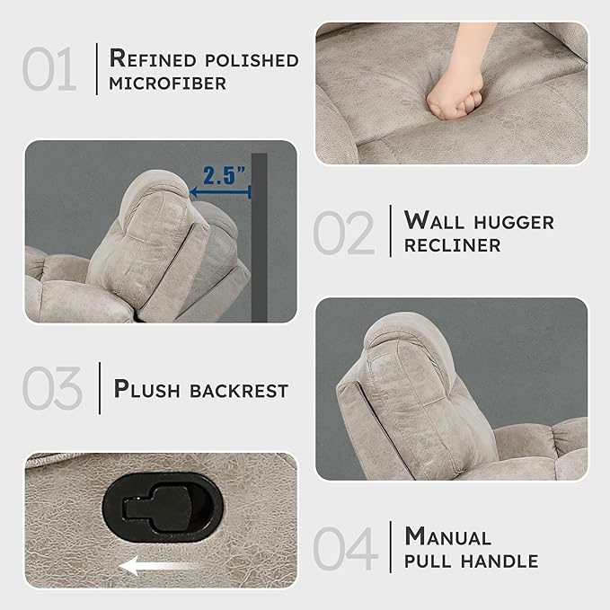 Lexicon Manual Double Reclining Sofa, Polished Microfiber Wall Hugger 3 Seater Manual Tab Pull Sofa Recliner for Living Room, Pillow Top Armrest, Padded Headrest, Easy Assembly, Pewter