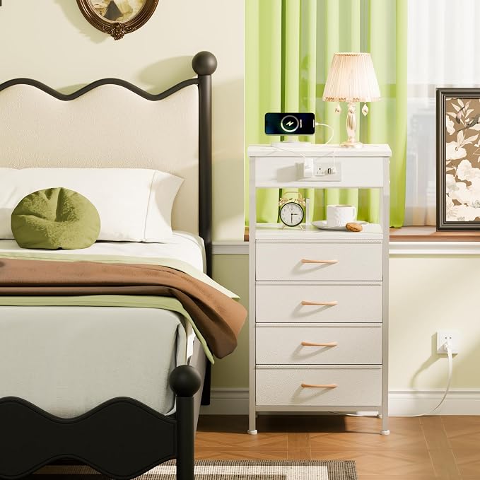 Furnulem Night Stand with Charging Station, Dresser with PVC & Fabric Drawers, 33.3 Inch Side Table with Open Shelf, Tall Bedside Table for Closet, Entryway, Bedroom Furniture, 3 Ways to Use, White - Image 2
