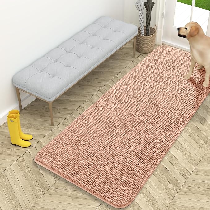 OLANLY Dog Door Mat for Muddy Paws 59x24, Absorbs Moisture and Dirt, Absorbent Non-Slip Washable Doormat, Quick Dry Chenille Mud Mat for Dogs, Entry Indoor Entryway Carpet for Inside Floor, Peach by OLANLY