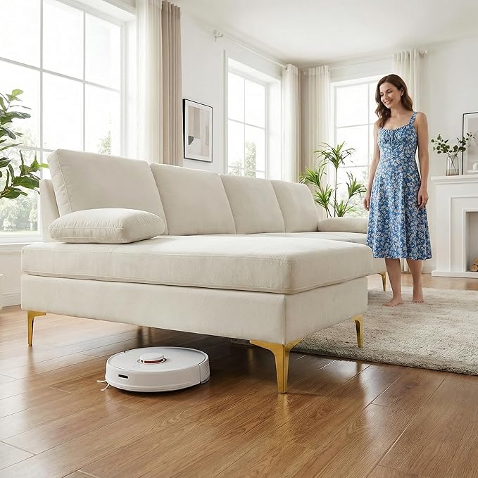 Modern L-Shaped Sectional Sofa with Gold Legs, Apartment Sectional Couch with Left Facing Chaise, 4 Seater Fluffy Couch, 99 Inch Furniture, Beige