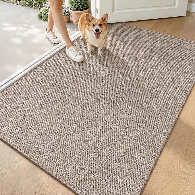 LUMI Ultra Thin Indoor Door Mat for Entrance 48"x72", Non Slip Entryway Mat, Low Profile Doormat, Unique Herringbone Design Carpet for Inside, Patio, Porch, Dark Beige by LUMI