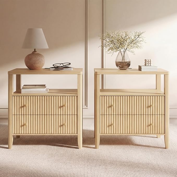 Nightstand Set of 2 with Charging Station, 27.3" Wide Fluted Bedside Tables with 2 Drawers & Open Shelf, Large End Tables with Storage, Metal Handle & Rounded Corners for Bedroom,Natural by Unknown