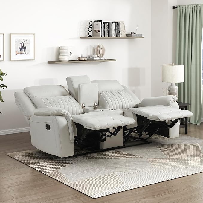 Lexicon Manual Double Reclining Loveseat, Polished Microfiber Manual Wall Hugger Loveseat Recliner for Living Room, Center Storage Console/Cup Holders, Easy Assembly, Beige