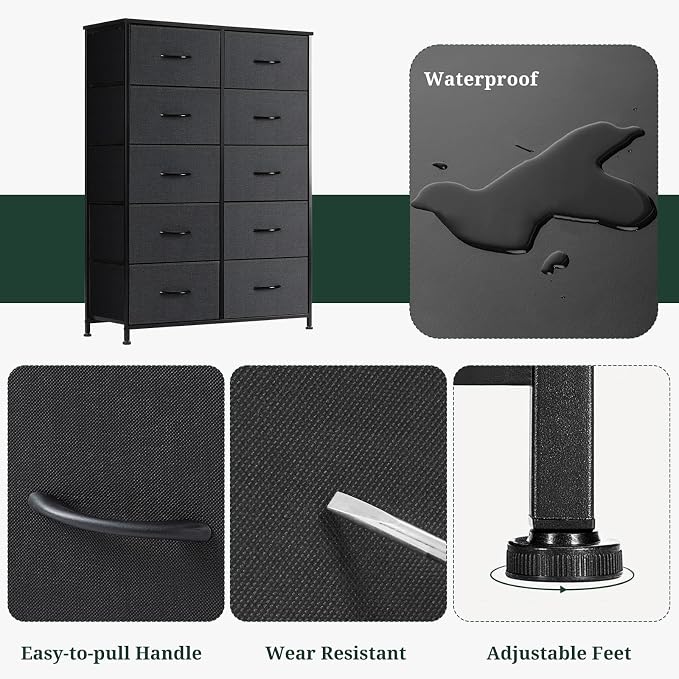 10-Drawer Dresser for Bedroom, Anti-Tip Tall Storage Organizer Chest of Drawers with Wooden Top and Metal Frame Fabric Bins for Closet, Living Room, Hallway, Entryway, Black - Image 7