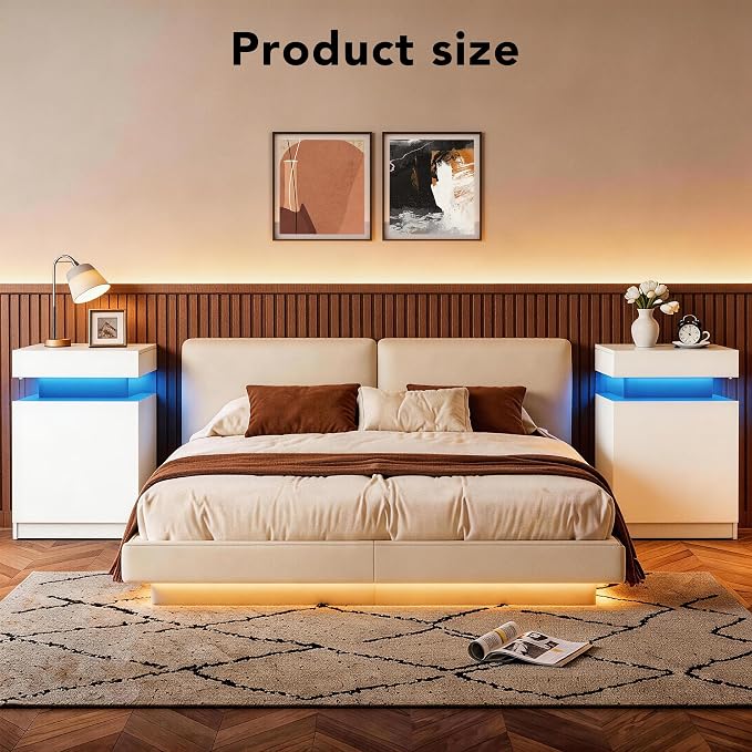 MXV Nightstands Set 2, 17 Inches LED Night Stand Set of 2, Modern Bedside Table, High Gloss Surface, End Table with Storage for Bedroom, White - Image 4
